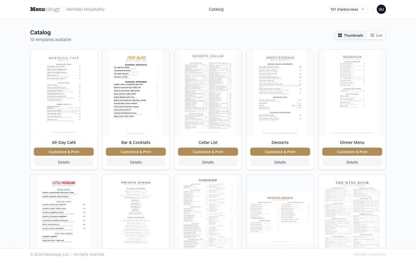 The Menuology catalog screen, showing ten menu templates with rendered previews