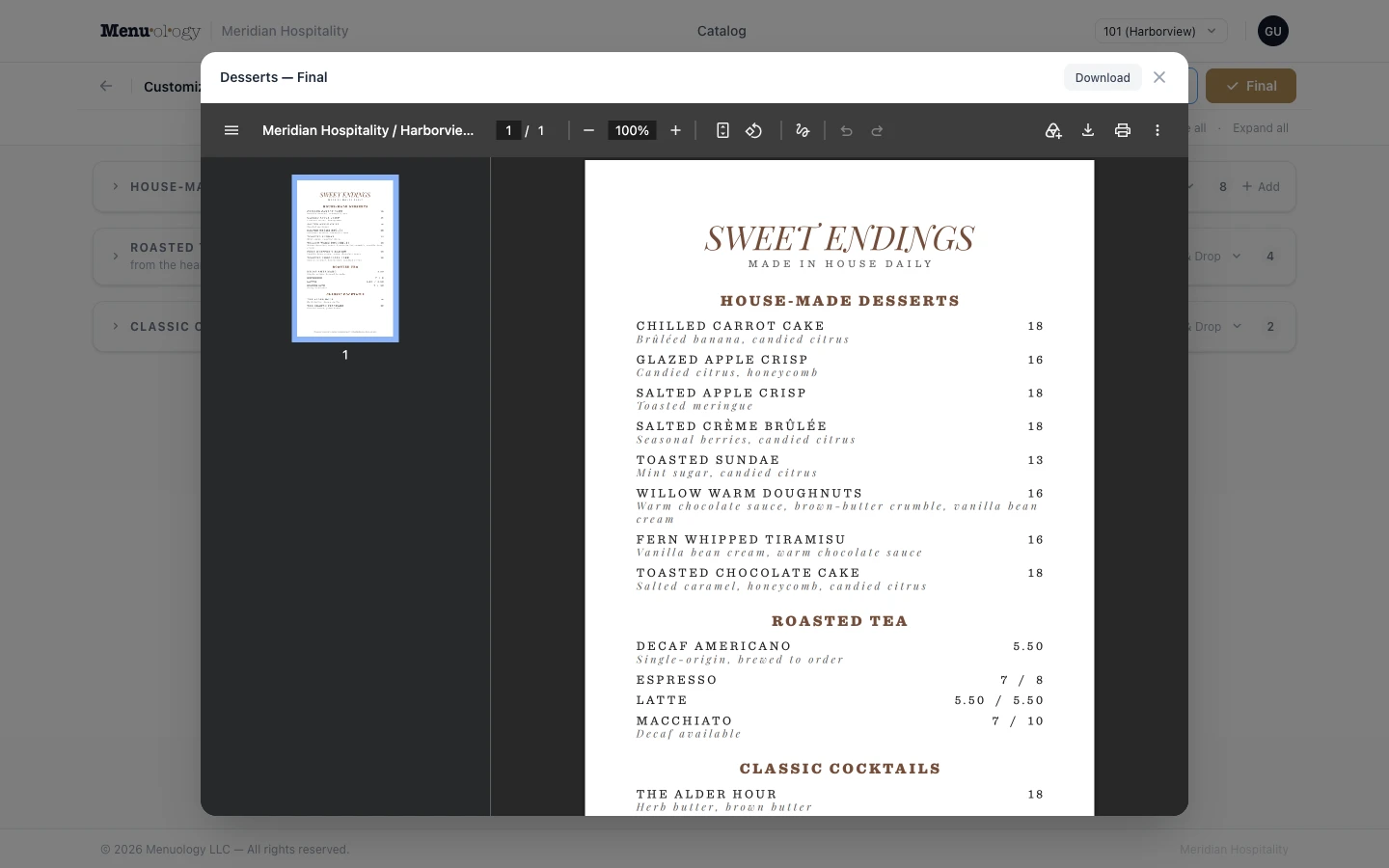 The final publish confirmation, with the rendered menu open for review